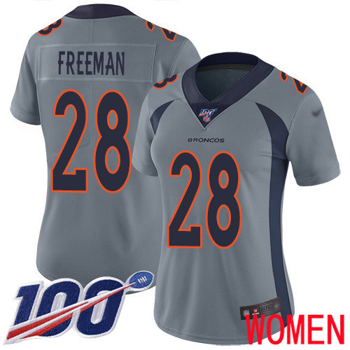 Women Denver Broncos #28 Royce Freeman Limited Silver Inverted Legend 100th Season Football NFL Jersey->women nfl jersey->Women Jersey